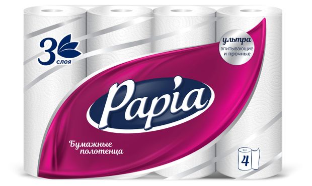 Красота и гигиена Полотенца бумажные Papia белые 3 слоя, 4 рулона