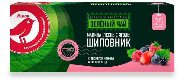 Чай зеленый АШАН Красная птица со вкусом лесных ягод 25х2 г 65₽