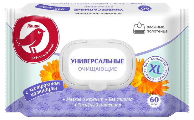 Полотенца влажные АШАН Красная птица универсальные XL 60 шт 140₽