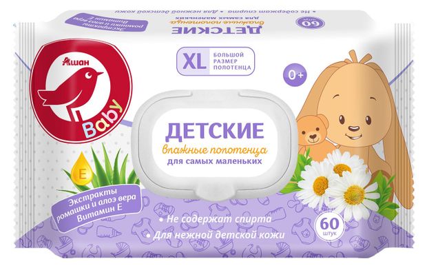 Влажные полотенца XL детские АШАН Красная птица Baby с экстрактом ромашки алоэ и витамином Е с 0+ мес., 60 шт