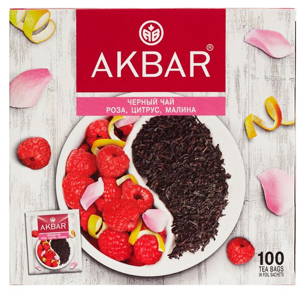 Чай черный AKBAR Роза, цитрус, малина, 100 пакетиков