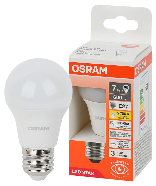 Лампа светодиодная Osram LED E27 7W груша теплый белый свет