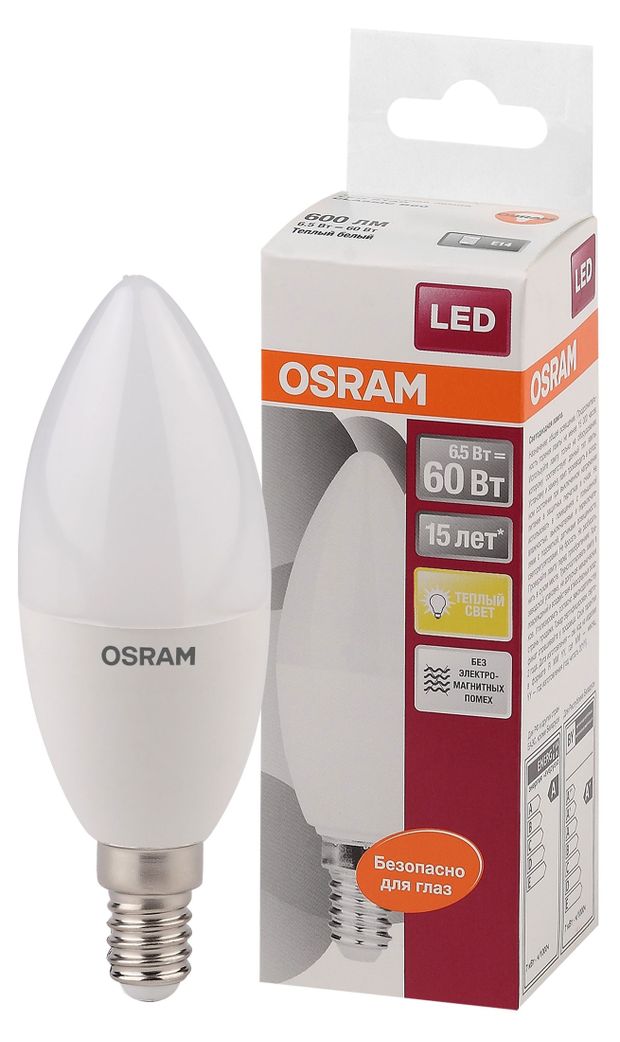 фото Лампа светодиодная osram led e14 6.5w свеча теплый белый свет