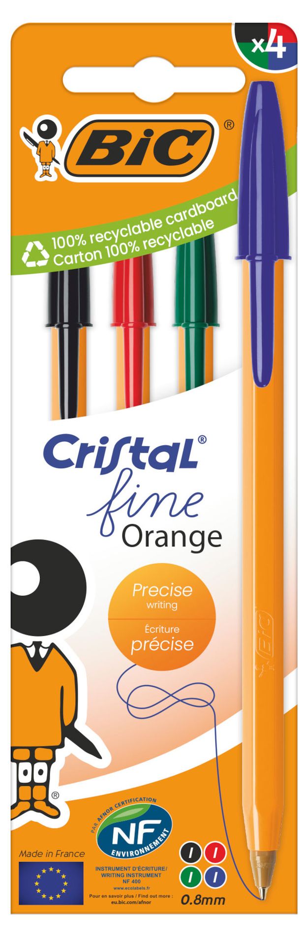 Ручка шариковая BIC Cristal Fine Orange ассорти, 4 шт