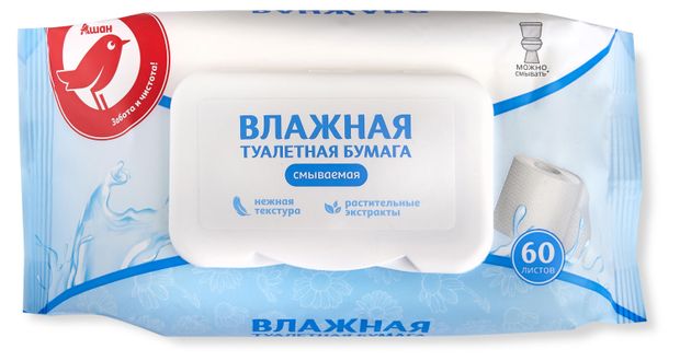Влажная туалетная бумага АШАН Красная птица, 60 шт