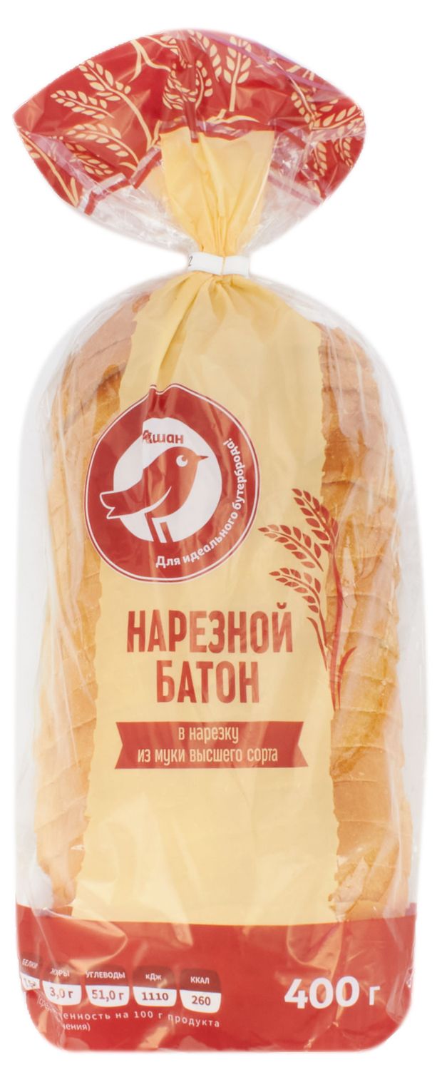 Батон пшеничный нарезной АШАН Красная птица высший сорт ГОСТ нарезка 400 г 45₽