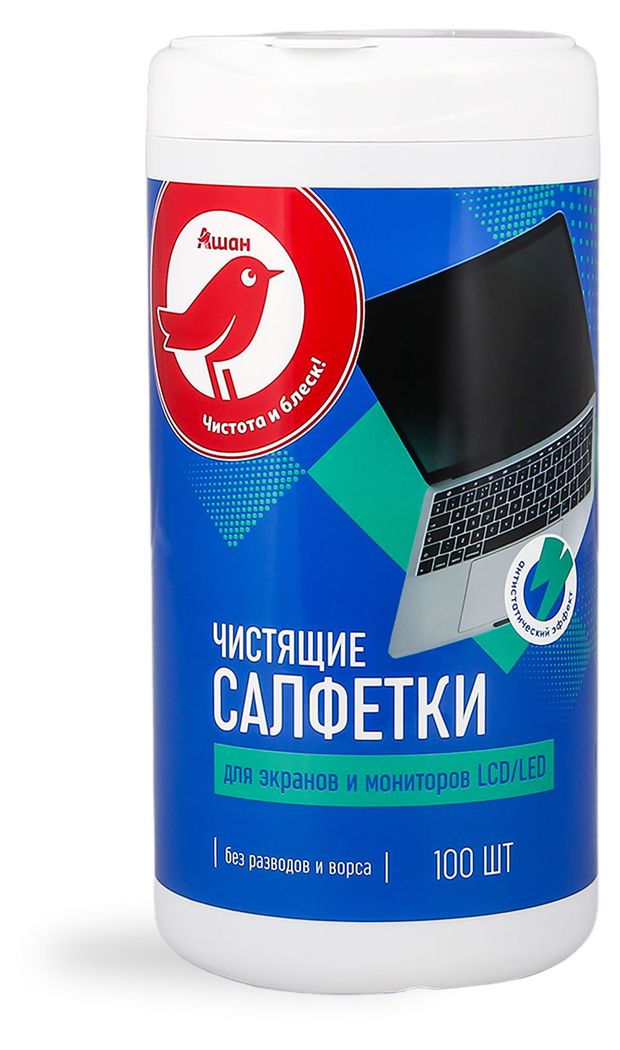 Салфетки чистящие АШАН Красная птица для экранов и мониторов LCDLED 100 шт 220₽