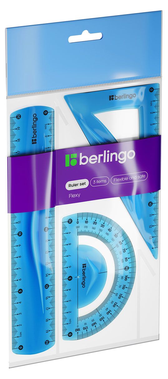 Набор чертежный средний Berlingo Flexy (треугольник 14см+линейка 20см+транспортир), 1 шт в ассортименте