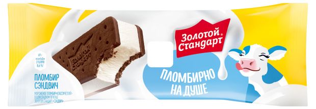 Мороженое пломбир Золотой Стандарт Сэндвич в шоколадной печенье 12 БЗМЖ 69 г 44₽