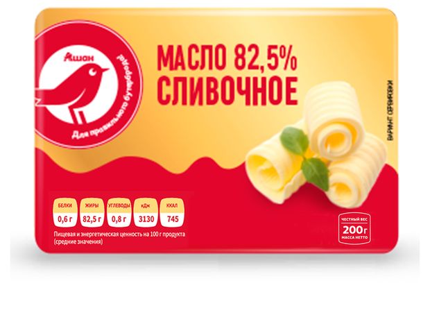 Масло сливочное АШАН Красная птица брикет 82,5% БЗМЖ, 200 г