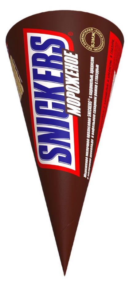 Мороженое сливочное Snickers с пастой из арахиса в шоколаде и карамелью в сахарном рожке БЗМЖ 69 г 185₽