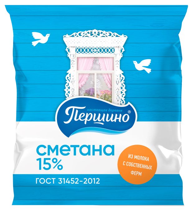 Сметана Першино в пакете 15% БЗМЖ, 500 г