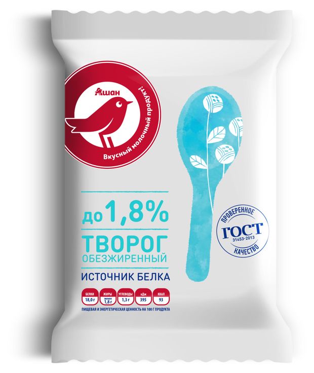 Творог классический обезжиренный АШАН Красная птица брикет 1,8% ГОСТ БЗМЖ, 180 г