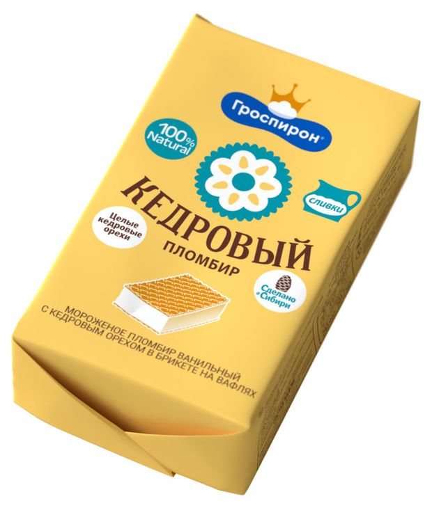 Мороженое сливочное Гроспирон Пломбир кедровый ванильный с кедровым орехом на вафлях брикет БЗМЖ, 100 г