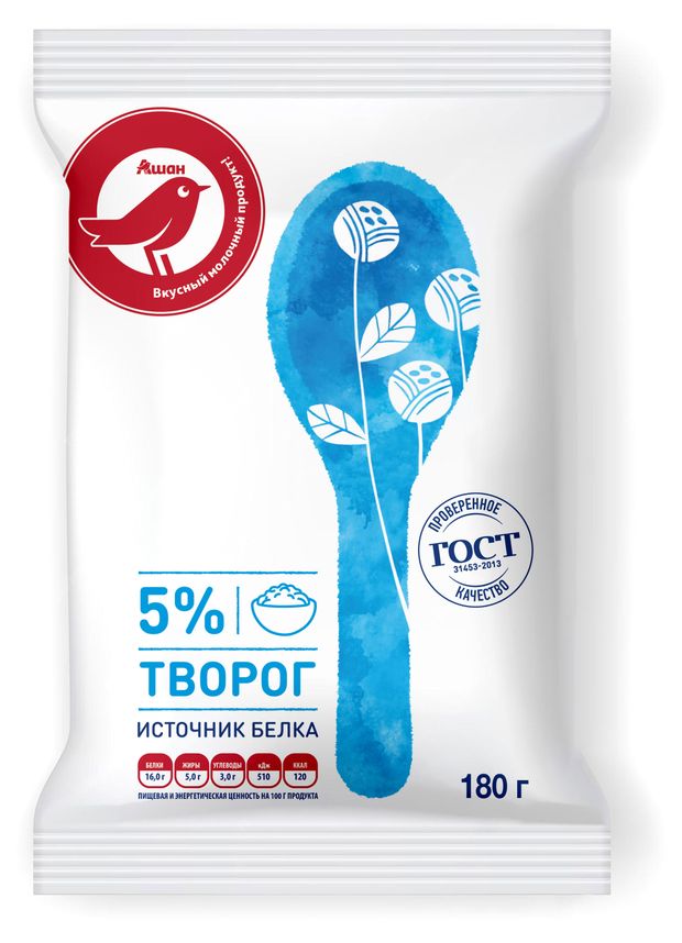 Творог АШАН Красная птица брикет БЗМЖ 5%, 180 г