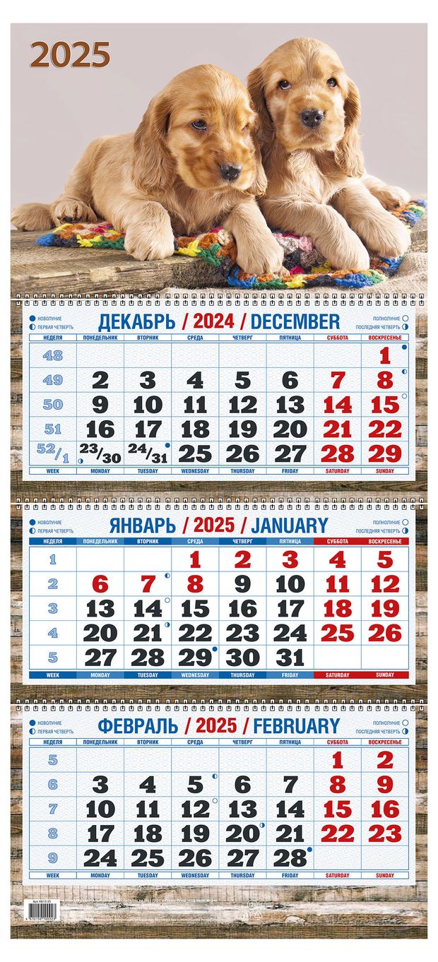 Календарь квартальный Теремок Два щенка на 3-спиралях 2025 г 310х680 мм 169₽