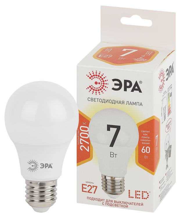 Лампа светодиодная ЭРА LED A60-7W-840-E27 теплый свет