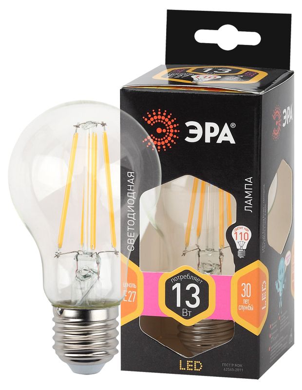 Лампа светодиодная ЭРА F-LED A60-13W-827E27 Теплый белый