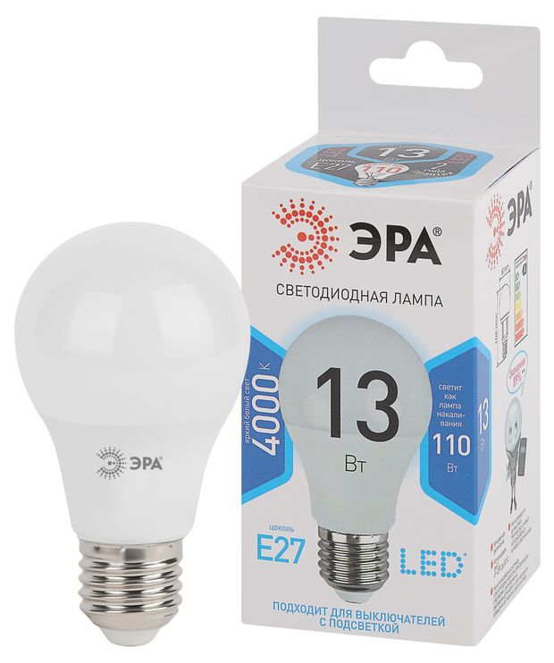 фото Лампа светодиодная эра led a60-13w-840-e27 дневной белый
