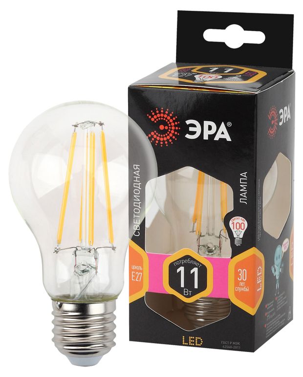 Лампа светодиодная ЭРА F-LED A60-11W-827E27 Теплый белый 200₽