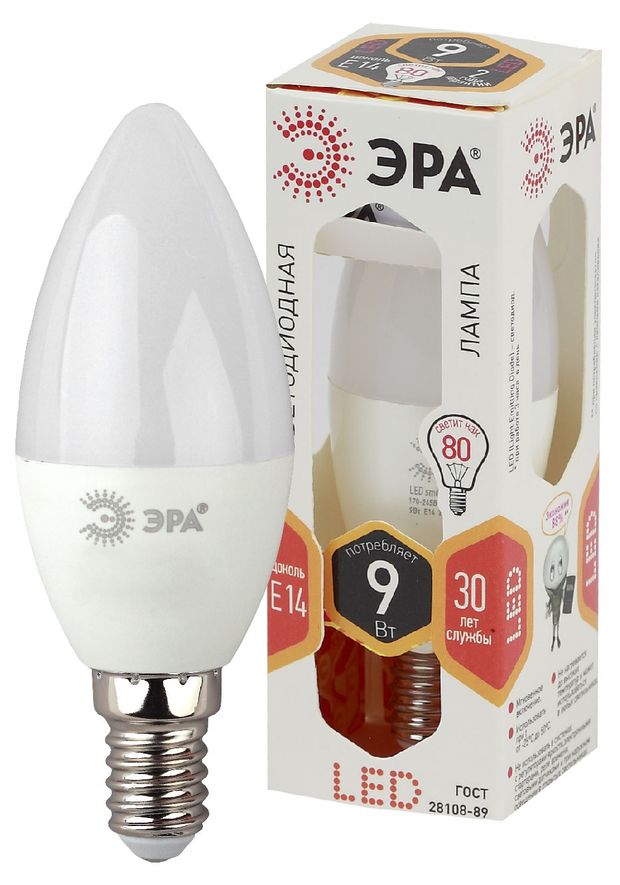 Товары для дома  Ашан Лампа светодиодная ЭРА LED B35-9W-827-E14 Теплый белый