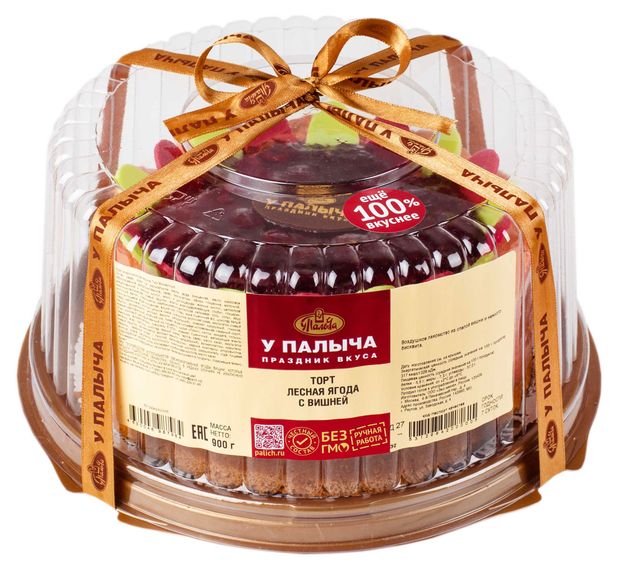 Торт бисквитный У Палыча Лесная ягода с воздушным кремом из взбитых сливок вишней и клубничным вареньем охлажденный, 900 г