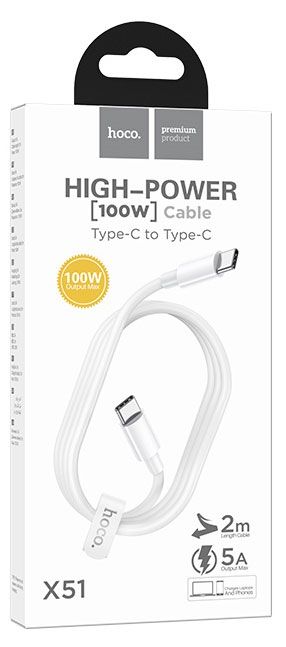 Кабель Hoco USB-C-Type-C 100W 2М белый 700₽