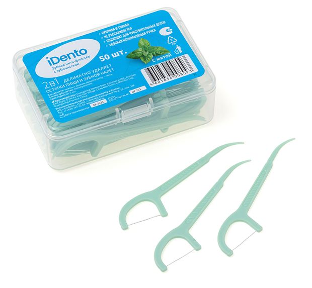 Зубная нить-флоссер iDento 2 в 1 с зубочисткой с мятой, 50 шт
