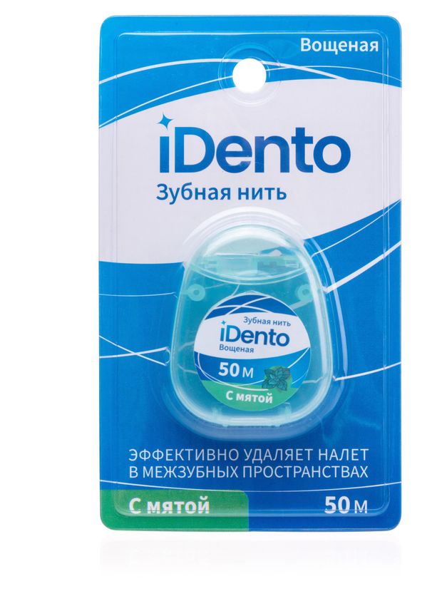 Зубная нить iDento вощеная тонкая с мятой, 50 м