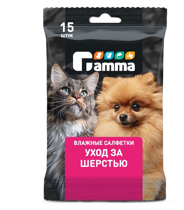 фото Салфетки для собак gamma влажные уход за шерстью, 15 шт