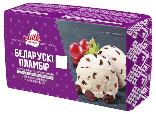 Мороженое пломбир Milk Republic Беларускi пламбiр ароматом ванили с изюмом семейное в брикете без вафель 15% БЗМЖ, 250 г