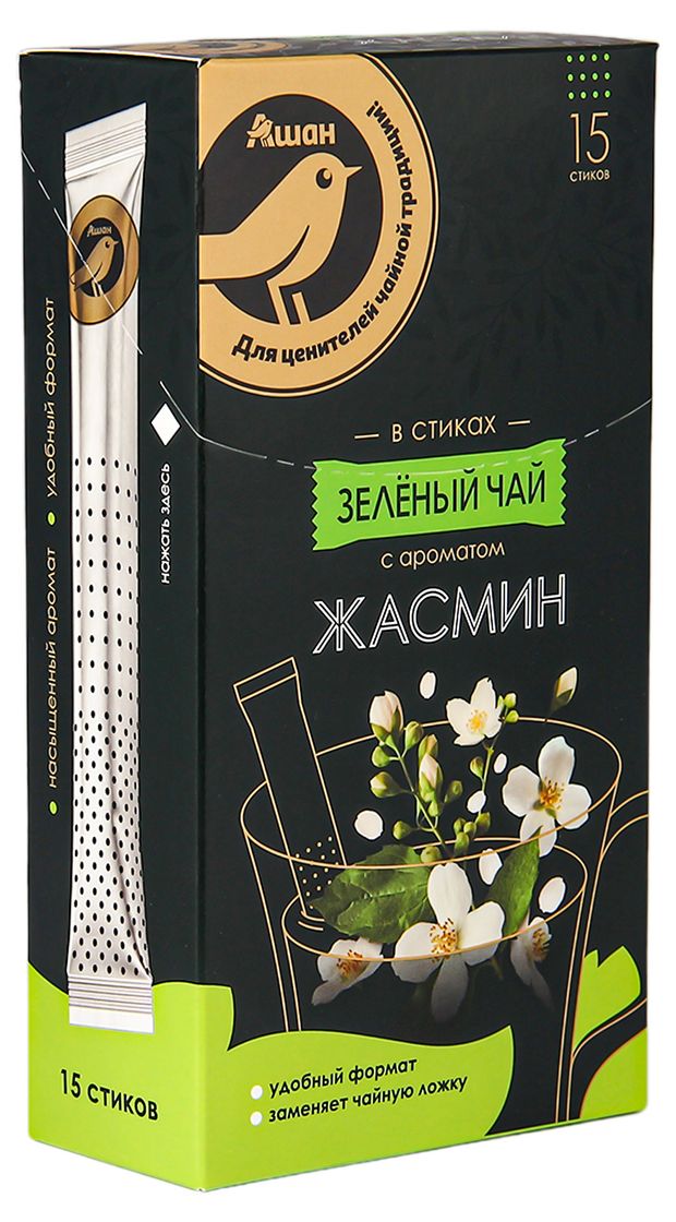 Чай зеленый АШАН Золотая птица с ароматом жасмина в стиках, 15х2 г