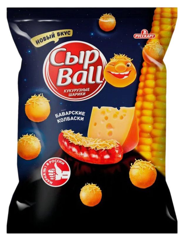Чипсы, снеки, сухофрукты Кукурузные шарики Русскарт Сыр Ball со вкусом баварских колбасок, 140 г