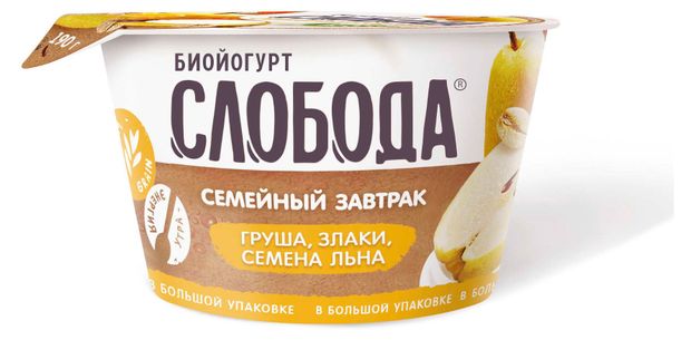 Биойогурт Слобода Семейный завтрак с грушей грецким орехом злаками и семенами льна, 190 г