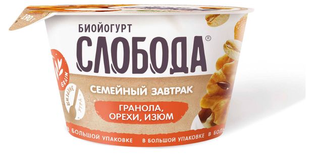 Молочные продукты, яйца  Ашан Биойогурт Слобода Семейный завтрак с гранолой и изюмом, 190 г
