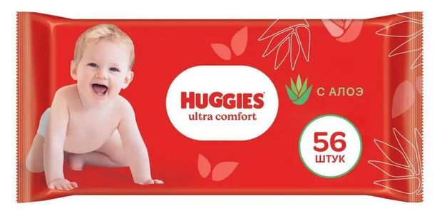 фото Влажные салфетки детские huggies ultra comfort с алоэ с 0 мес., 56 шт