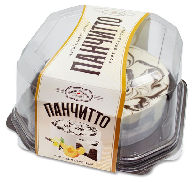 Торт шоколадно-бисквитный Фили-Бейкер Панчитто со вкусом пломбира и ванили с кусочками персика охлажденный, 450 г
