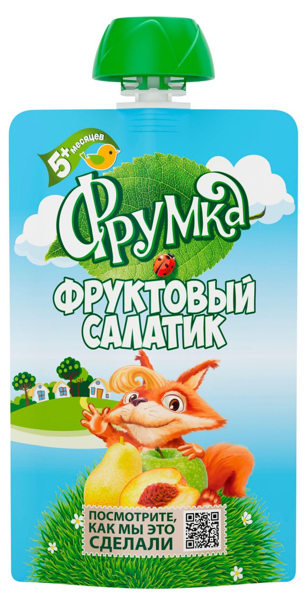 Пюре фруктовое Фрумка Фруктовый салатик яблоко груша персик с 5 мес., 90 г