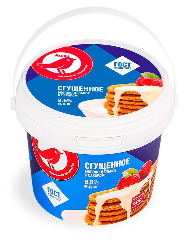 Молоко сгущенное АШАН Красная птица с сахаром 8,5% ГОСТ БЗМЖ, 400 г