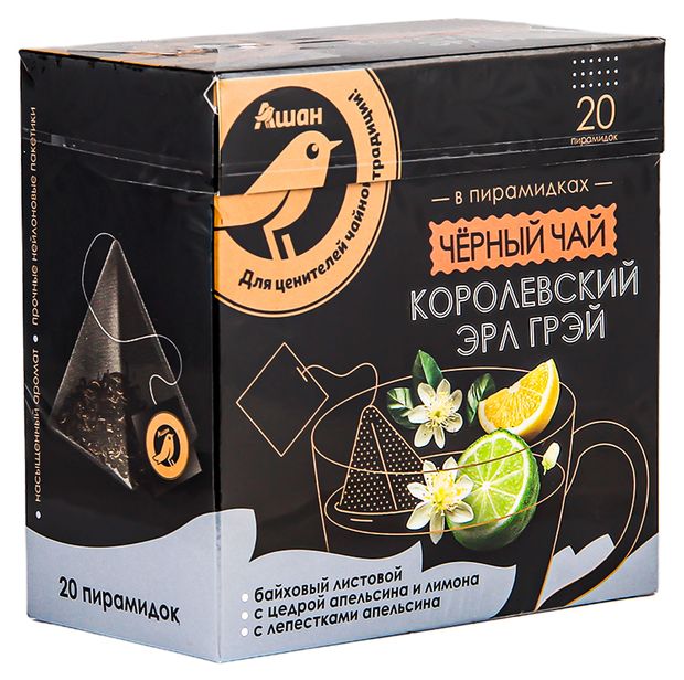  Чай черный АШАН Золотая птица Королевский Эрл Грей с бергамотом в пирамидках, 20 шт х 2 г