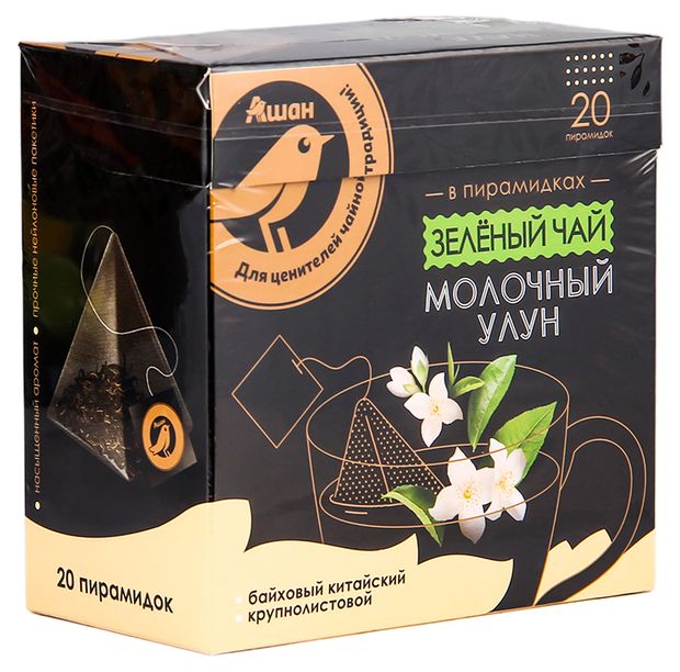 Чай, кофе, горячие напитки Чай зеленый АШАН Золотая птица Молочный улун в пирамидках, 20 шт х 2 г