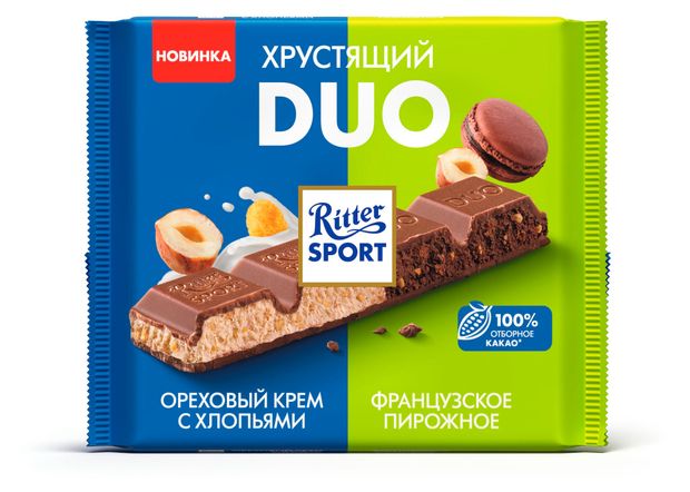 Шоколад молочный Ritter Sport Хрустящий Duo ореховый крем и французское пирожное Германия, 218 г