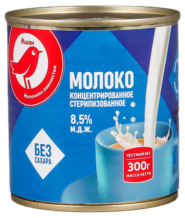 Молоко АШАН Красная птица концентрированное стерилизованное 8,5% БЗМЖ, 300 г