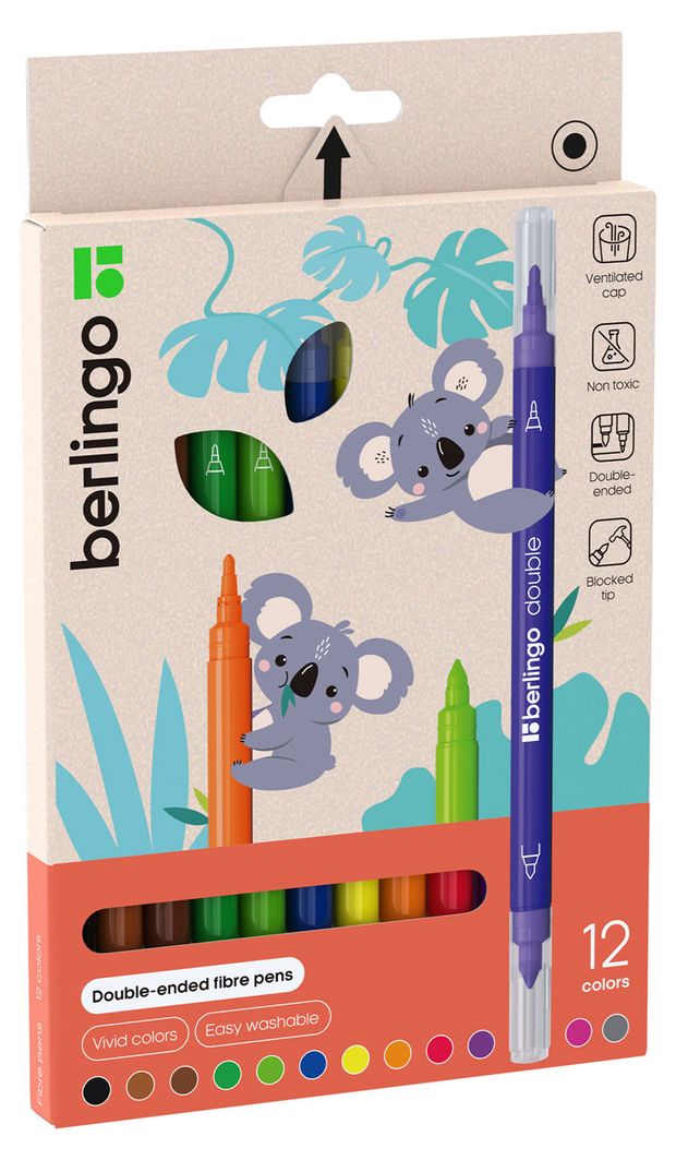 Фломастеры двусторонние Berlingo Double смываемые, 12 цветов, 12 штук