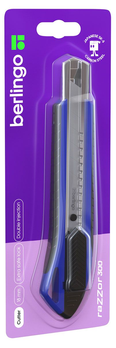 Нож канцелярский Berlingo Razzor 300 auto-lock металлический синий, 18 мм