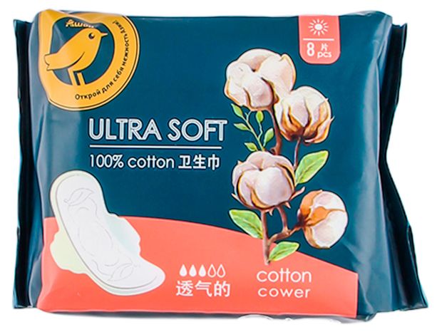 Прокладки гигиенические АШАН Золотая птица Ultra Soft lite 3 капли 100 хлопок 8 шт 169₽