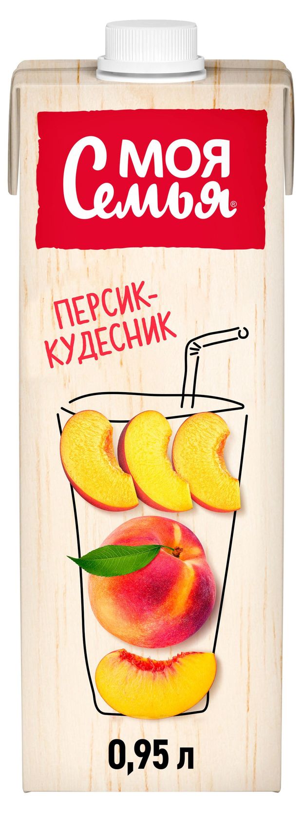Вода, соки, напитки Напиток сокосодержащий Моя семья Персик-Кудесник из груши яблока и персика, 950 мл