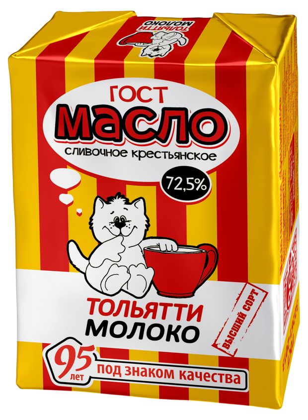 Масло сливочное Тольяттимолоко Крестьянское ГОСТ 72,5% БЗМЖ, 180 г