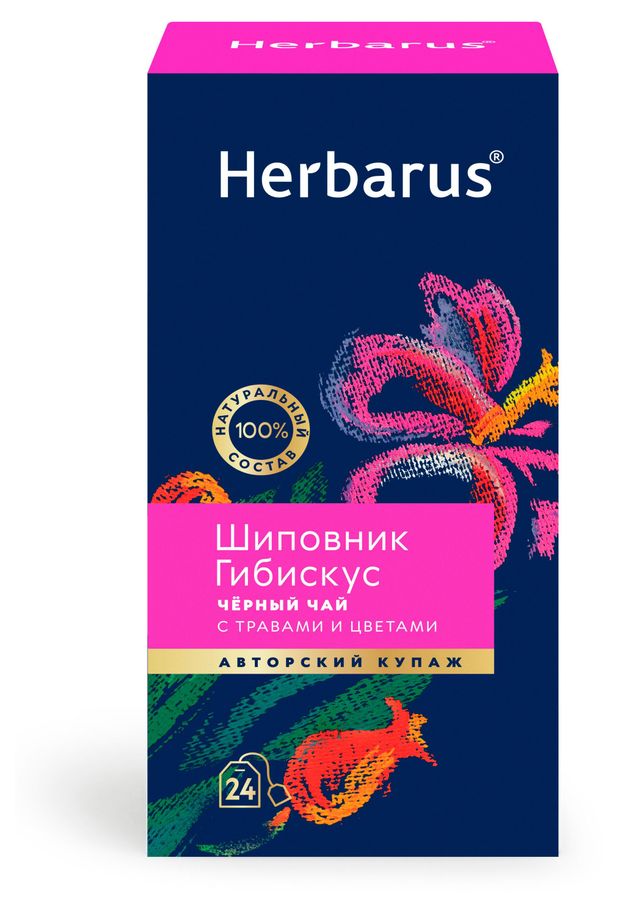 Чай, кофе, горячие напитки  Ашан Чай черный Herbarus Шиповник Гибискус, 24 шт х 2 г