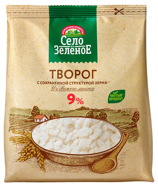 Творог зерненый Село Зеленое в пакете 9% БЗМЖ, 200 г